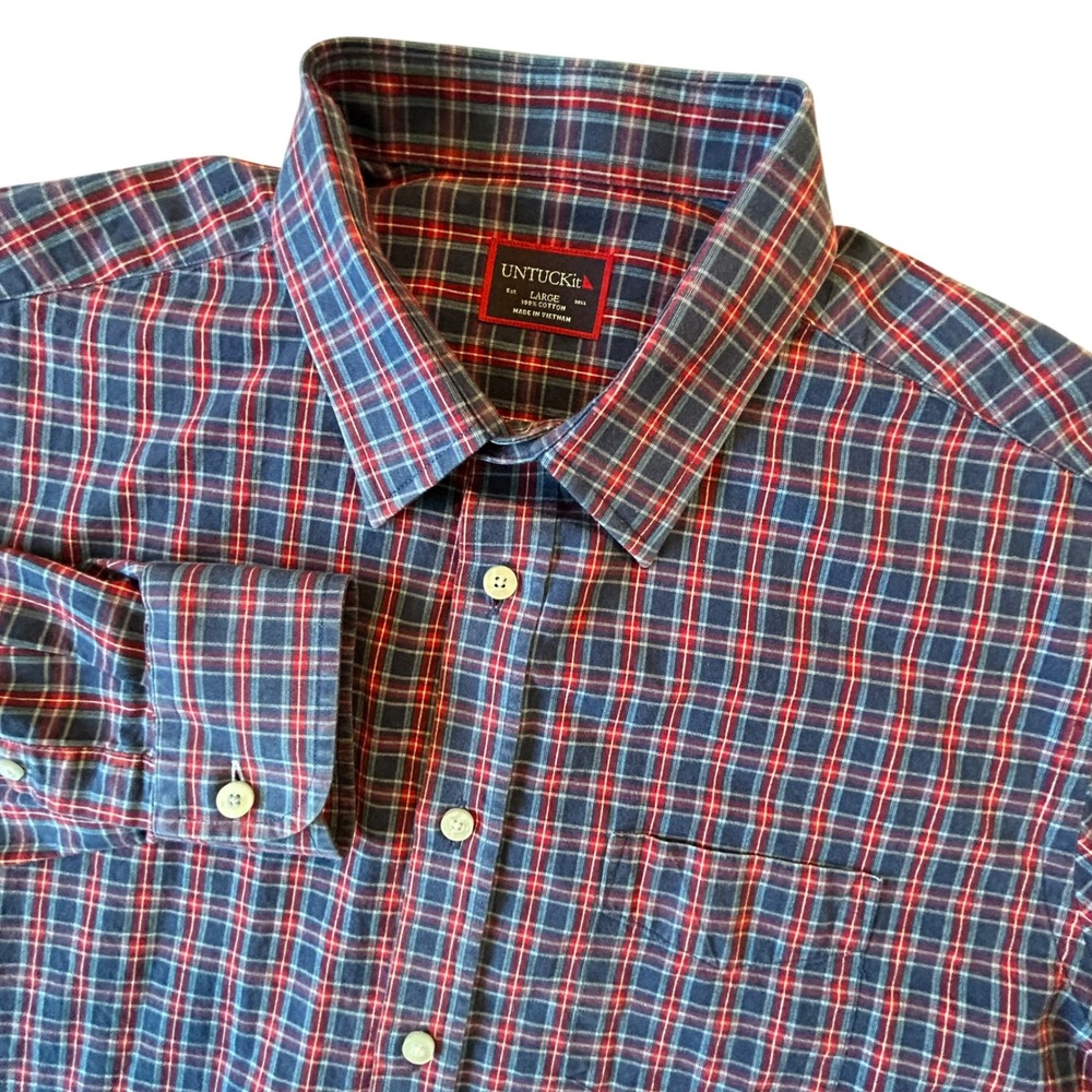 UNTUCKit Mens Large Plaid Button Down Shirt Navy Blue Red Cotton Long Sleeve